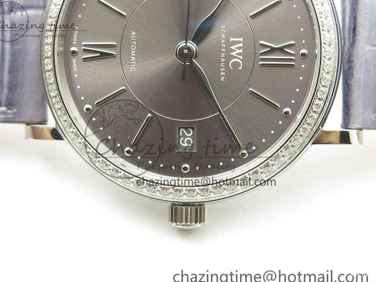 MIROTIME 0510 Attractive Portofino 37mm SS V7F 1:1 Best Edition Gray Dial Diamonds Bezel on Gray Leather Strap A 7091